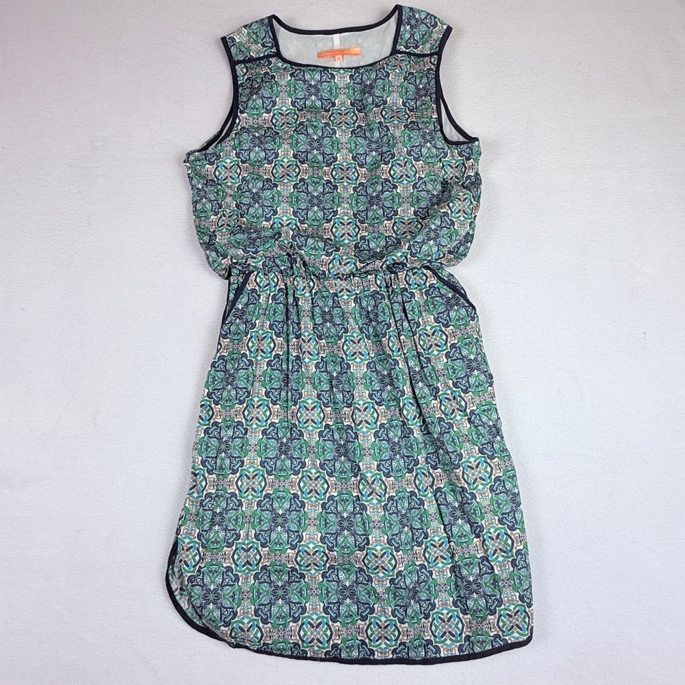 Vilagallo Dress Womens 44 Green Blue Sleeveless Geometric Mediterranean Retro